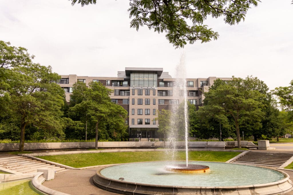 Canterbury Woods Gates Circle exterior and fountain